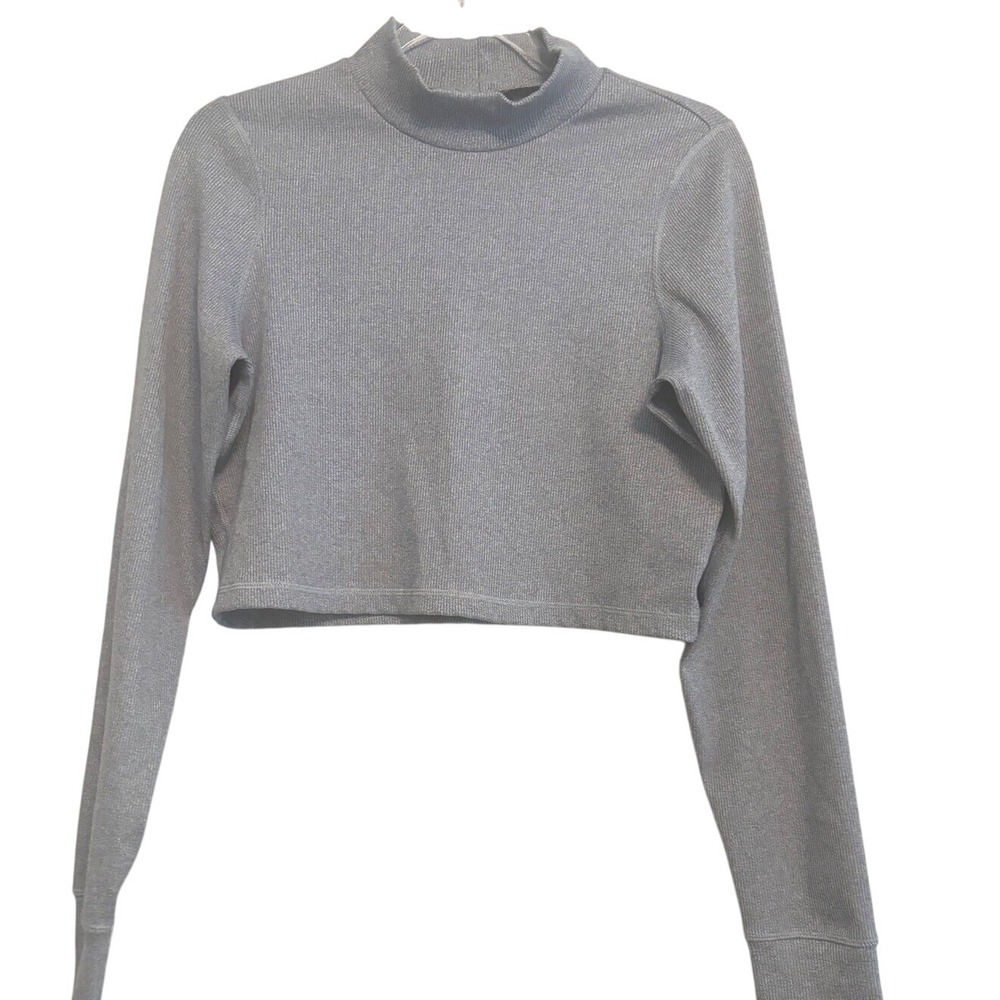 Aerie‎ OFFLINE Mock Neck Crop Top Thumb Hole Long Sleeve Blue/Gray Size L